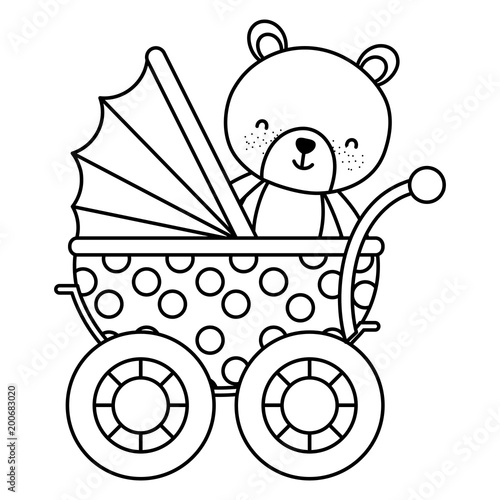 line bear teddy animal inside baby stroller