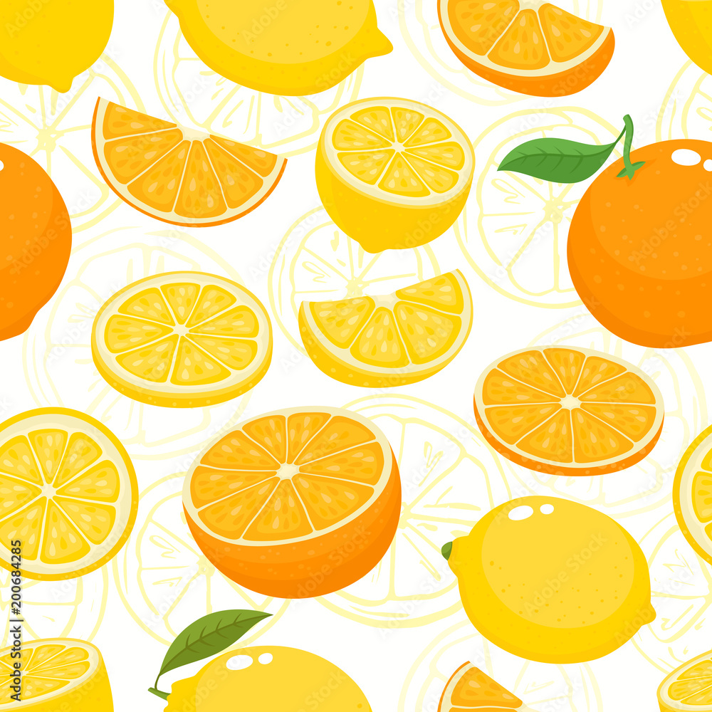 Vector seamless pattern with lemons and oranges isolated on white.