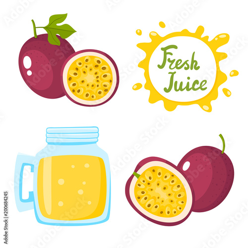 Vector set of passion fruit juice and passion fruits isolated on white