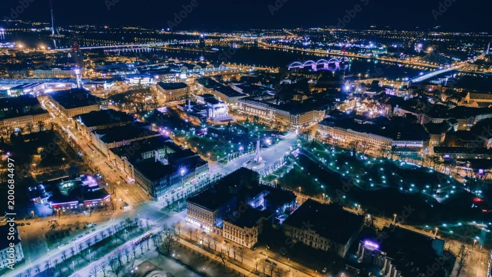 Drone Night Timelepse Riga city Old Down Drone Flight daugava, latvia river Drone Night Timelepse Riga city Old Down Drone Flight daugava, latvia river