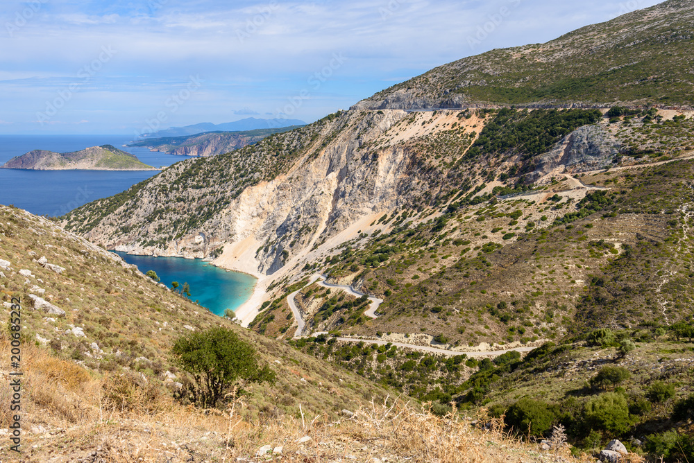 Mountain landscape of Cephalonia Island with Ionian Sea in background. Greece