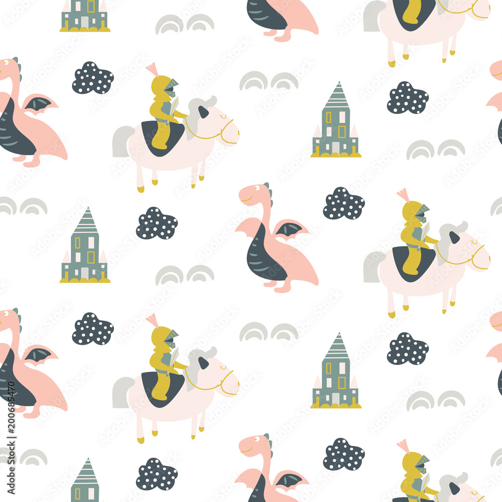 Seamless vector pattern with tale knights and dragons.