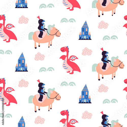 Knights and dragons seamless vector pattern.