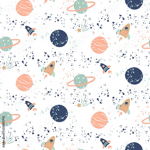 Tapety Bezszwowe wektor wzór z planet i statków kosmicznych.