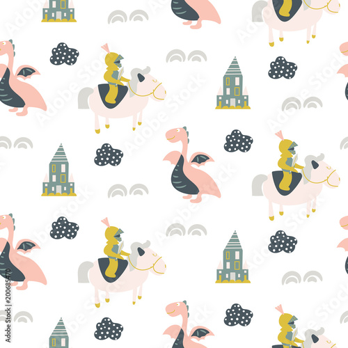 Seamless vector pattern with tale knights and dragons.