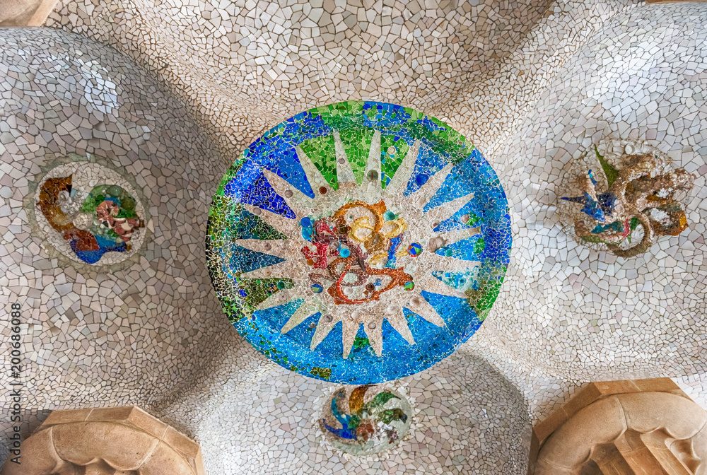 Fotografie Ceiling with mosaic in Park Guell, Barcelona, Catalonia, Spain