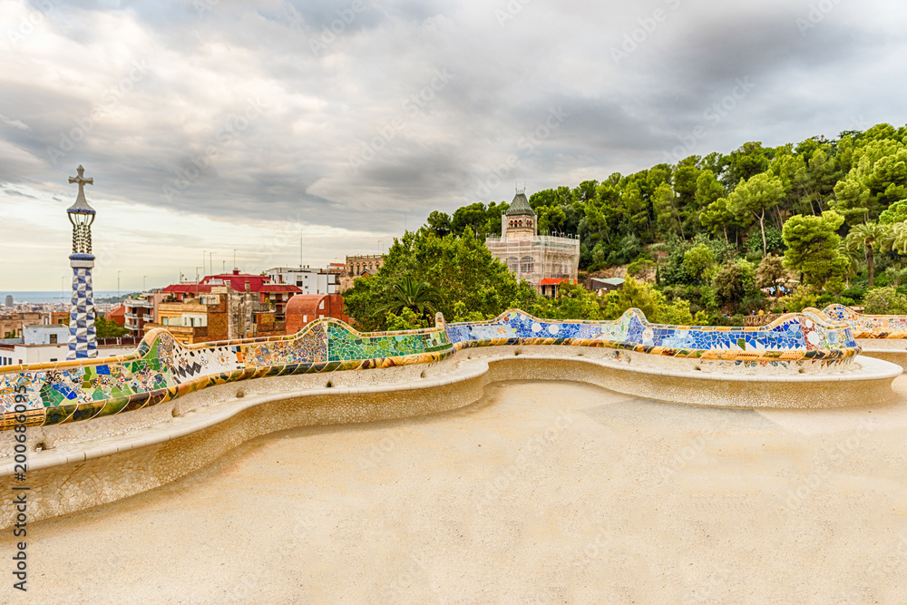 Colorful main terrace of Park Guell, Barcelona, Catalonia, Spain