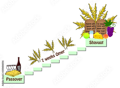 Feast of Shavuot. The counting of the Omer between the Passover and the Shavuot. Wine, matzo, fruit, milk, cheese. Scrolls of the Torah, Tablets of the Bible, Ten Commandments Vector
