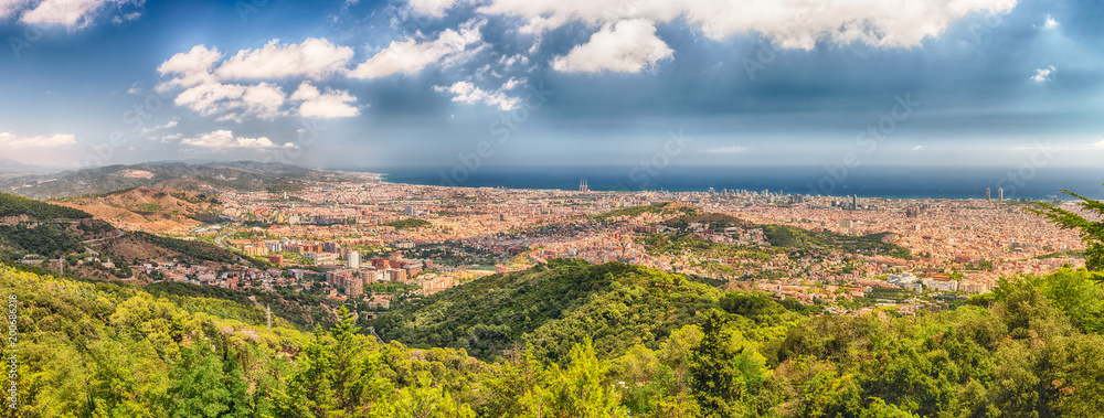 Panoramic view from Tibidabo mountain over Barcelona, Catalonia, Spain