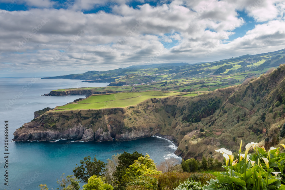 Aerial view. Rocky coastal scenery at Sao Miguel Island, Azores, Portugal