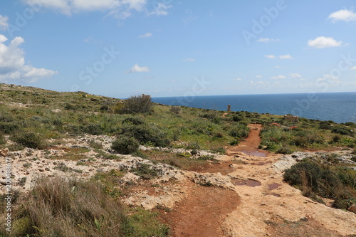 Surroundings of Ħaġar Qim Temple and Mnajdra Temple at the Mediterranean Sea in Malta 