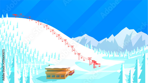 Ski resort, ski lift and hotel for skiers, snowboarding