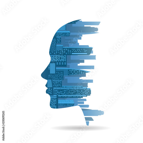 Stylized face with city, double image, concept: urban life