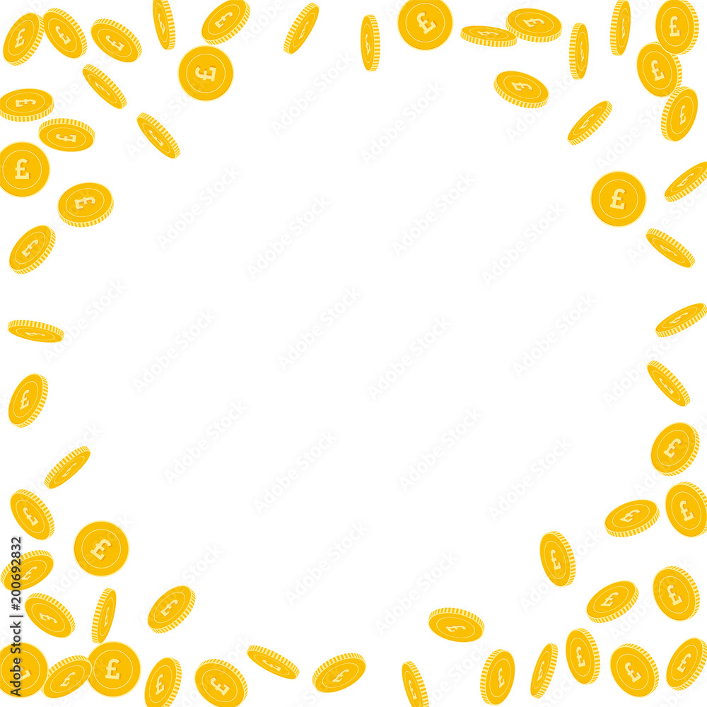 British pound coins falling. Scattered sparse GBP coins on white background. Graceful round random frame vector illustration. Jackpot or success concept. British pound coins falling. Scattered sparse GBP coins on white background. Graceful round random frame vector illustration. Jackpot or success concept.