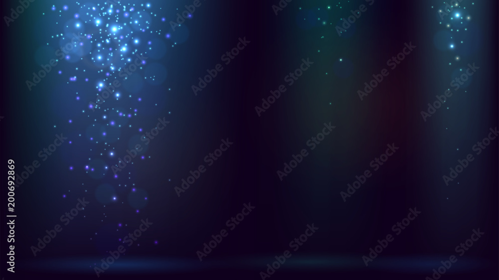 Dark blue background with rays of light and falling spangles or snow, shimmering dust - obrazy, fototapety, plakaty 