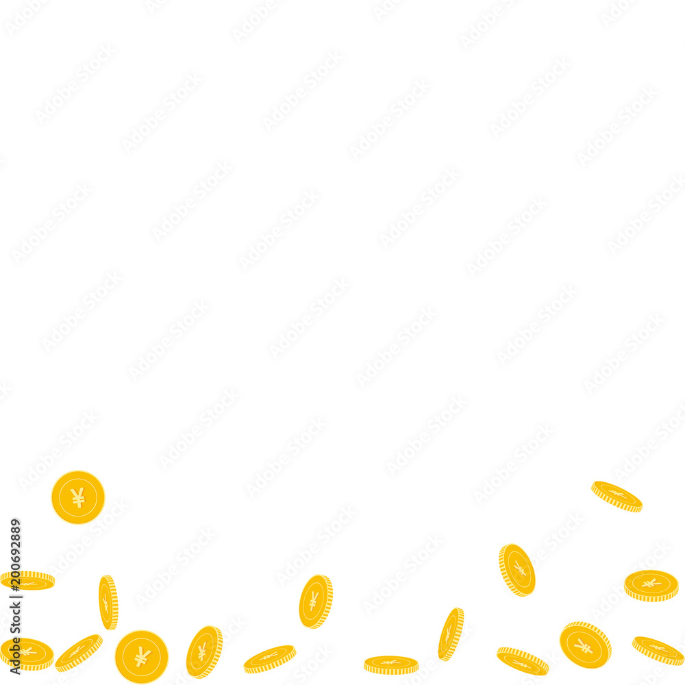 Chinese yuan coins falling. Scattered sparse CNY coins on white background. Rare abstract bottom vector illustration. Jackpot or success concept. Chinese yuan coins falling. Scattered sparse CNY coins on white background. Rare abstract bottom vector illustration. Jackpot or success concept.