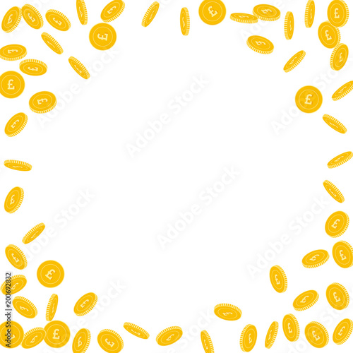 British pound coins falling. Scattered sparse GBP coins on white background. Graceful round random frame vector illustration. Jackpot or success concept.