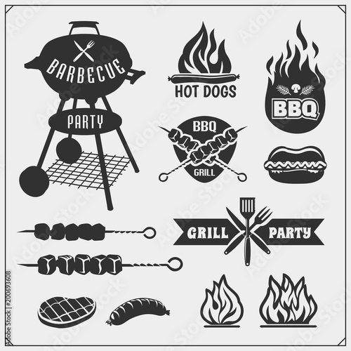 BBQ and grill labels set. Barbecue emblems, badges and design elements. Vector monochrome illustration.