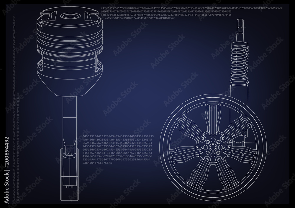 piston and wheel with shock absorber on a blue piston and wheel with shock absorber on a blue