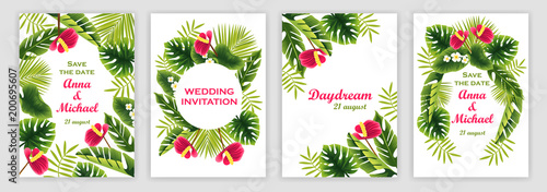 Templates of wedding invitations with a tropical pattern. tropical plants and flowers. vector illustration