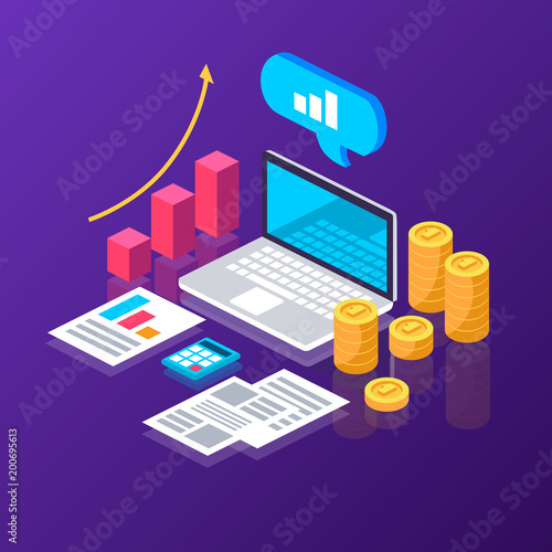online analytics. statistics. cash. diagram. isometric vector illustration.
