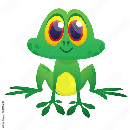 Fototapeta Naklejka Na Ścianę i Meble -   Funny green frog  character in cartoon style. Vector illustration. Design for print, children book illustration or party decoration