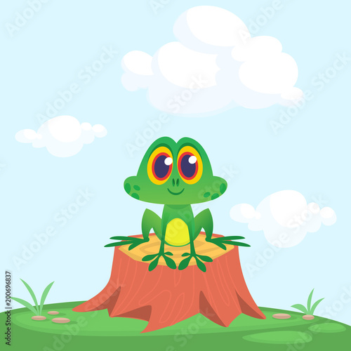 Funny Frog Cartoon Character sitting on tree stump on the meadow background. Colorful vector illustration