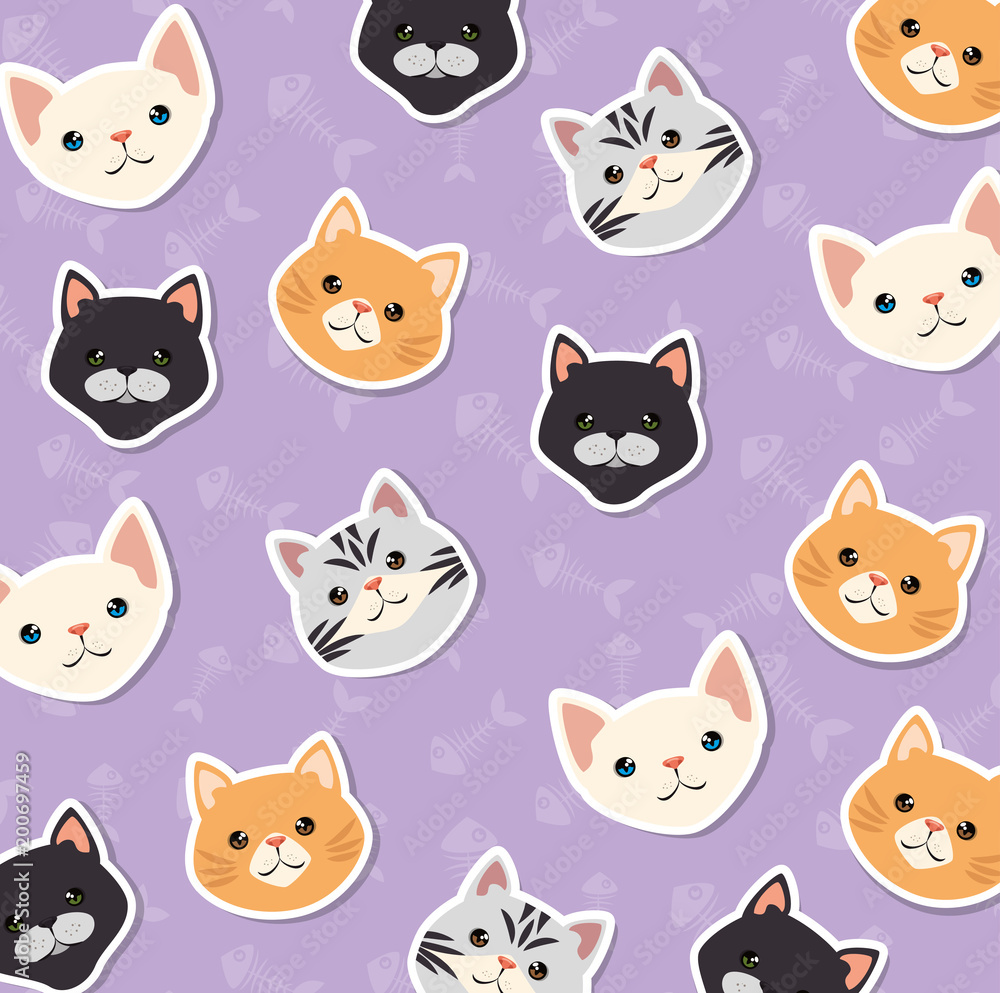 cute cats mascots heads characters pattern vector illustration design