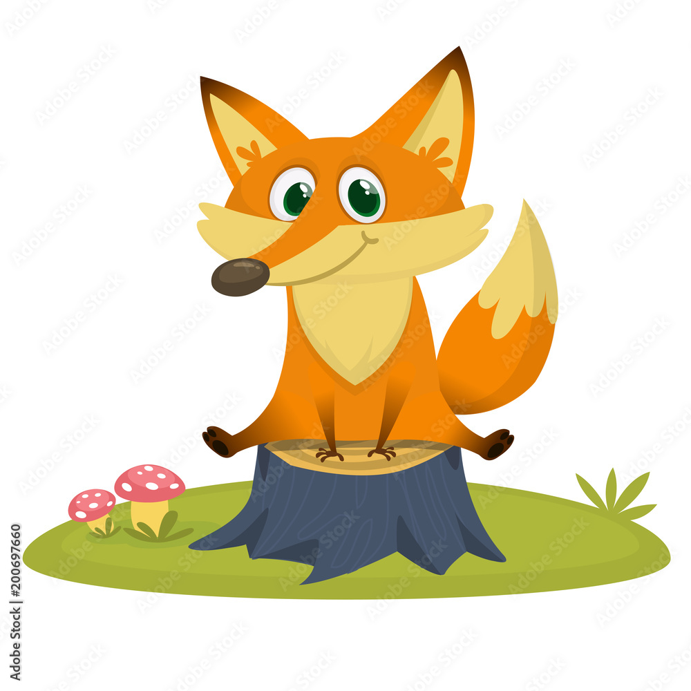 Obraz premium Fox in the grass - a children's cartoon illustration - stylized vector image. For print, create videos or web graphic design, user interface, card, poster.