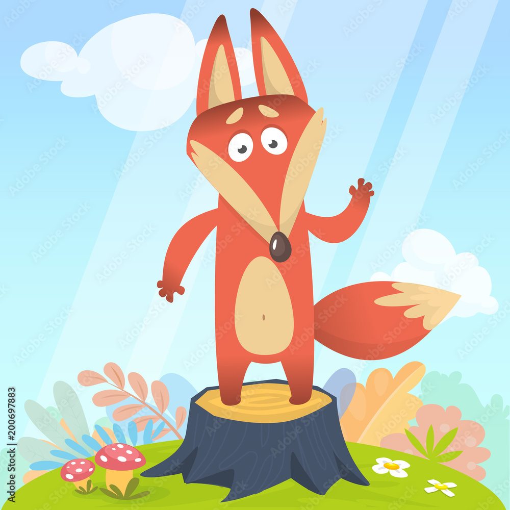 Big Red Fox tail angrily funny cartoon style stand upright at tree