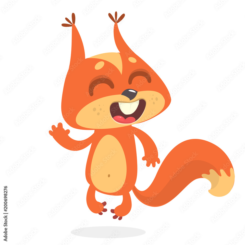 Fototapeta premium Cute cartoon squirrel presenting and waving hand. Vector illustration.