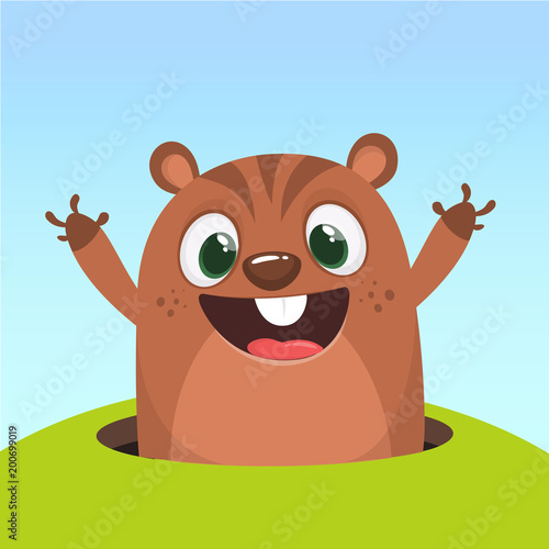 Happy Groundhog Day. Funny cute marmot looking out of a burrow. Rodent isolated on background. Woodchuck. Vector illustration minimal flat design.
