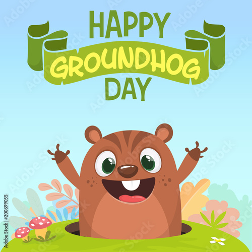 Cartoon groundhog marmot looking out of a burrow in a meadow with green grass background. Happy groundhog day. Vector illustration