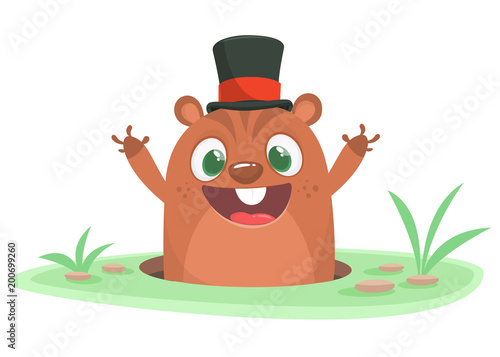 Cartoon groundhog looking out of a burrow. Happy groundhog day. Vector illustration