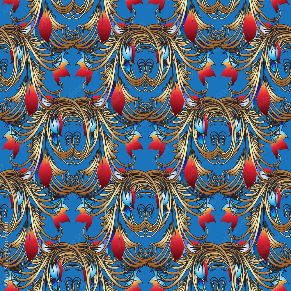 Fototapeta Bright floral vector seamless pattern. Light blue vintage background wallpaper with gold intricate swirls, lines, branches, red, blue flowers, leaves and rich ornaments in baroque style. Abstract