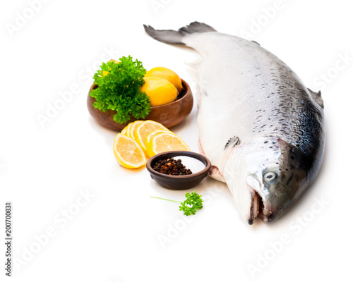 Close  up on a whole rawsalmon with lemon and salt isolated on white photo