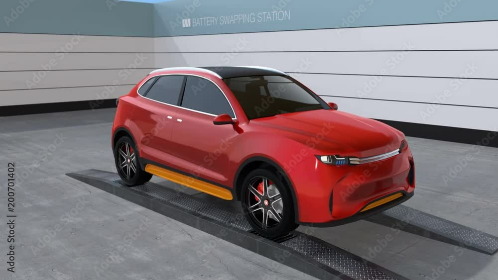 Electric SUV car exchange battery in battery swapping station. Fast