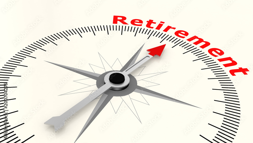 Compass with arrow pointing to the word retirement Compass with arrow pointing to the word retirement