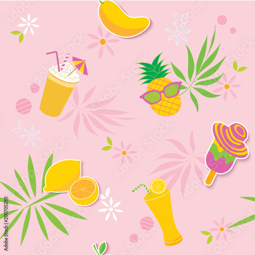Summer fruits and snack seamless pattern pink background
