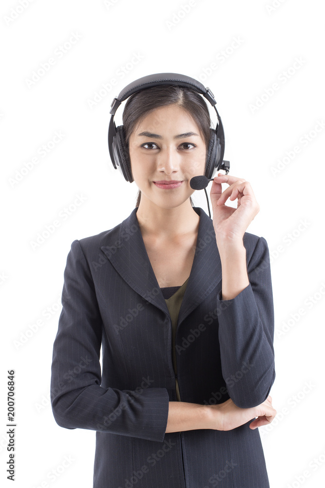 Female call center looking to camera with smiling isolated on white.
