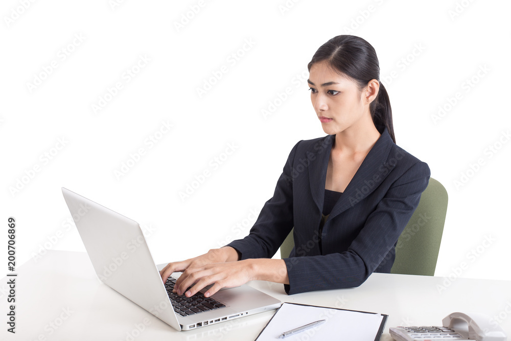 Asian Woman using laptop for work, Woman working concept, Isolated on white background. Asian Woman using laptop for work, Woman working concept, Isolated on white background.