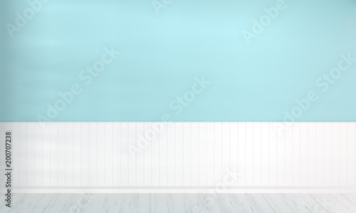 3D rendering of empty room pastel blue wall and white plank floor for advertising product.