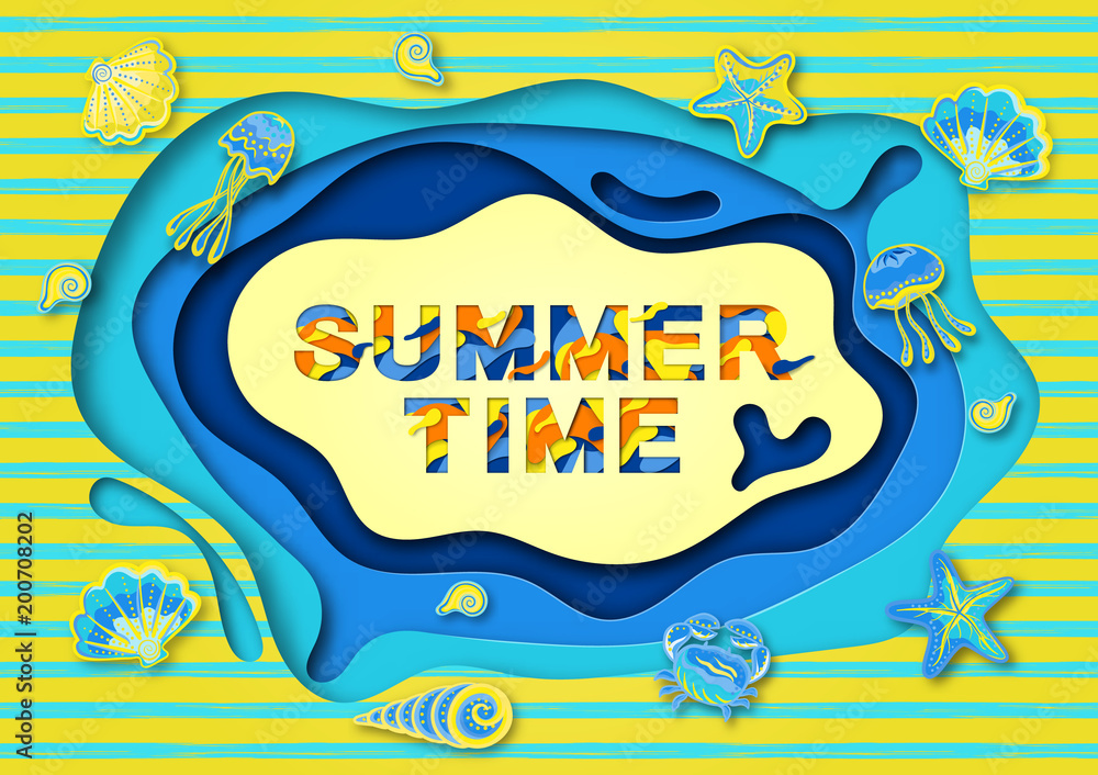 Naklejka premium Summer typography design with abstract paper cut shapes, seashells and marine life . Vector illustration. A frame of cut paper.