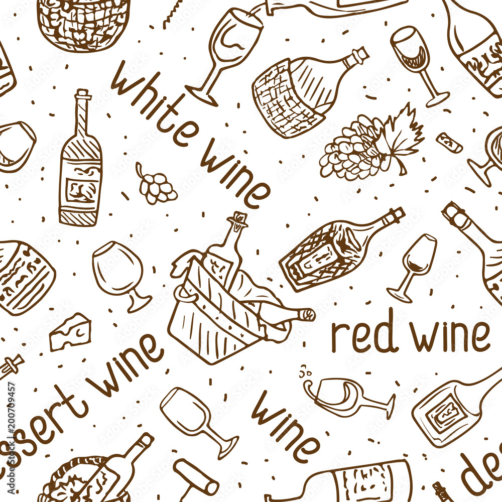 Wine bottle, glass, grape vine vector seamless pattern. Hand drawn drink illustration.