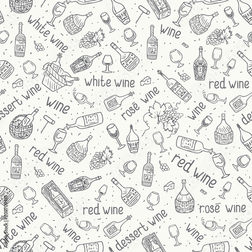 Wine bottle  glass  grape vine vector seamless pattern. Hand drawn drink illustration.