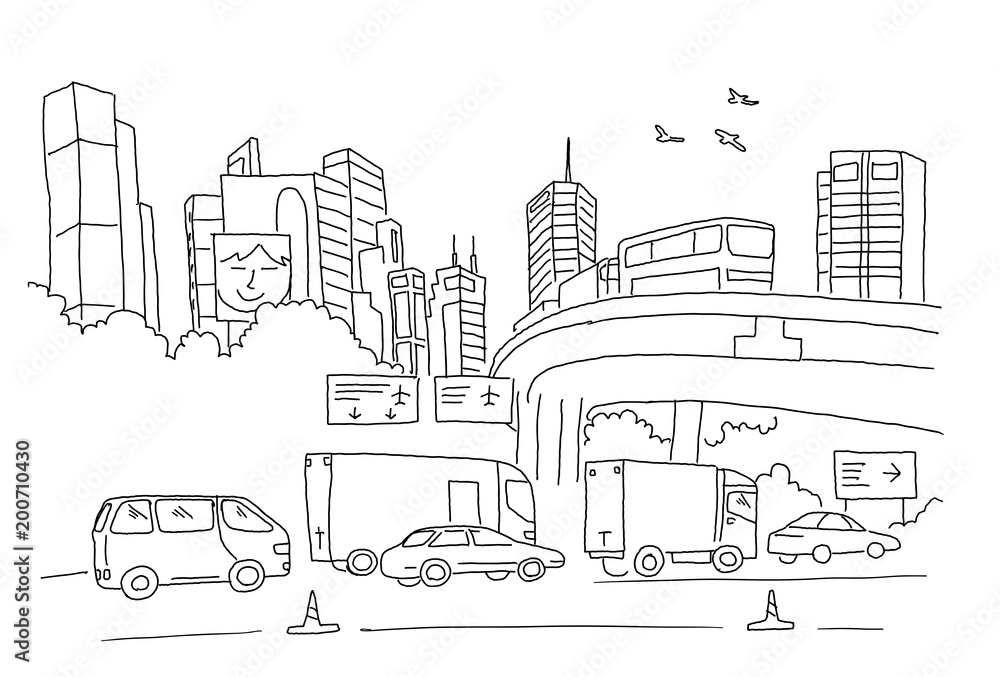 City panorama with road, transport and skyscrapers. Sketch, drawing by hand. Hand drawn black line vector illustration.