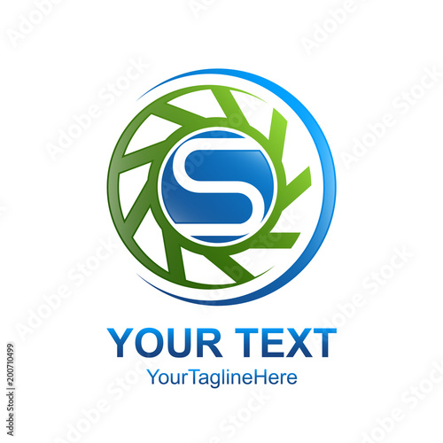 Letter S logo design template colored blue green circle turbine rotation design for business and company identity. Abstract initial S alphabet logo element.