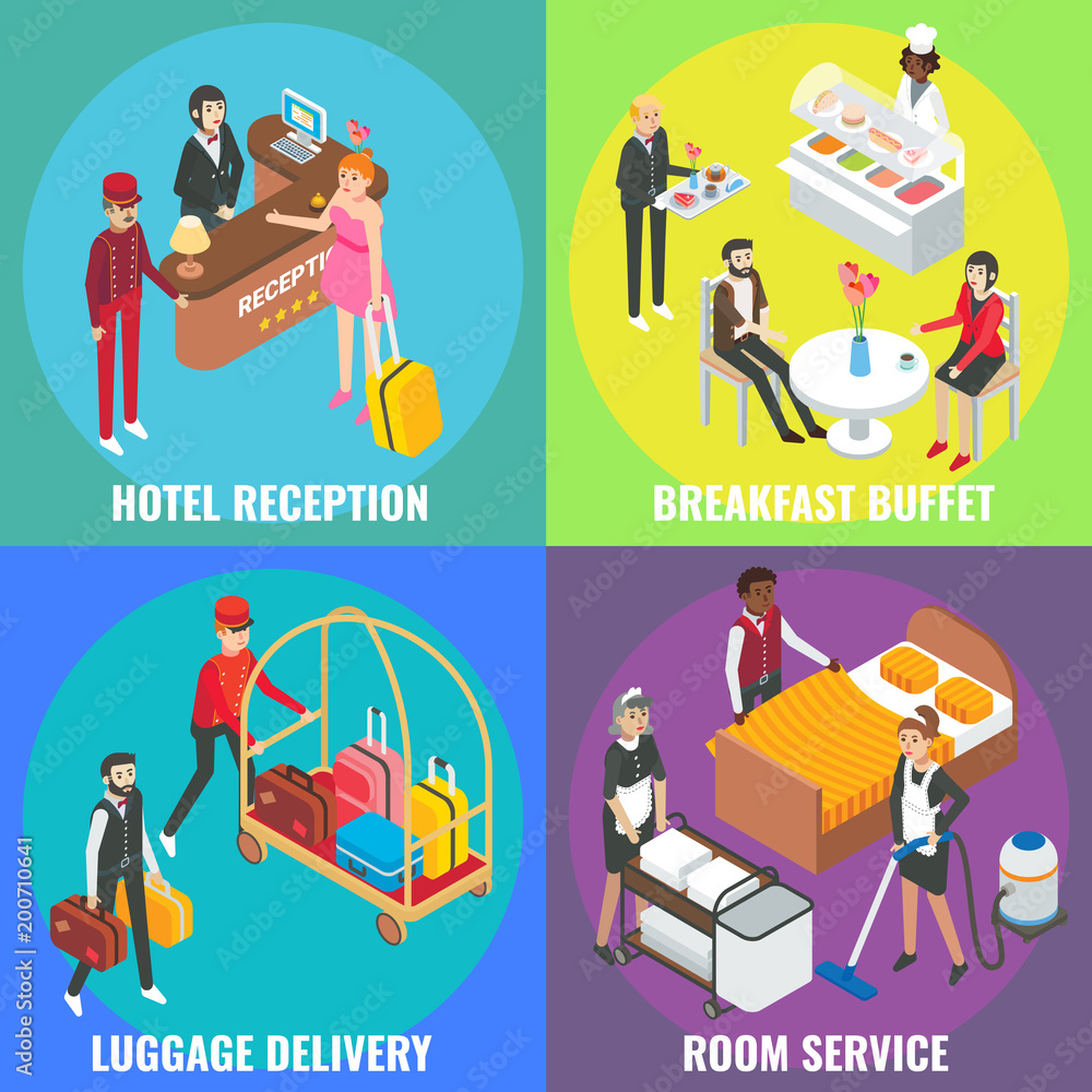 Hotel service concept vector flat isometric poster, banner set Hotel service concept vector flat isometric poster, banner set