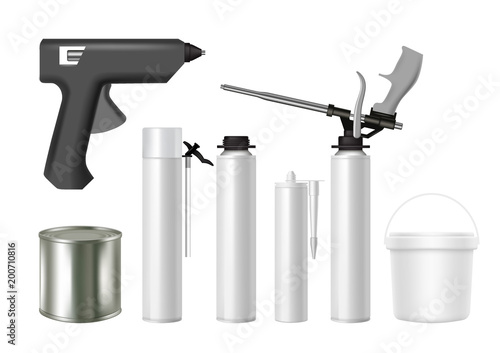 Building tools and construction material packaging vector realistic mockup set