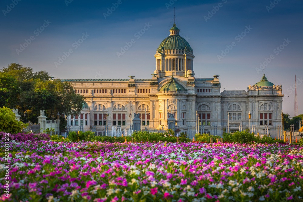 The colorful flower field with Ananta Samakhom Throne Hall in the morning.Bangkok,Thailand